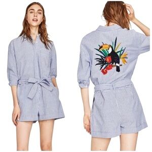 Zara romper Toucan Embroidered Seersucker striped small tropical beach summer